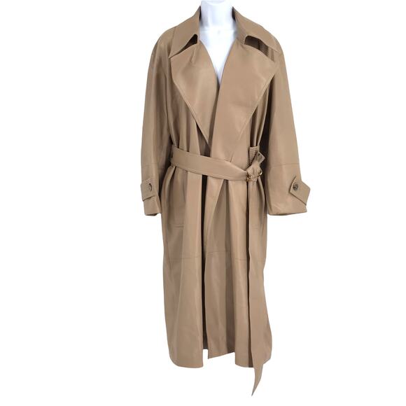 Nanushka Amal Vegan Leather Trench Coat XS Belted Notched Lapel Collar Brown - Picture 4 of 11